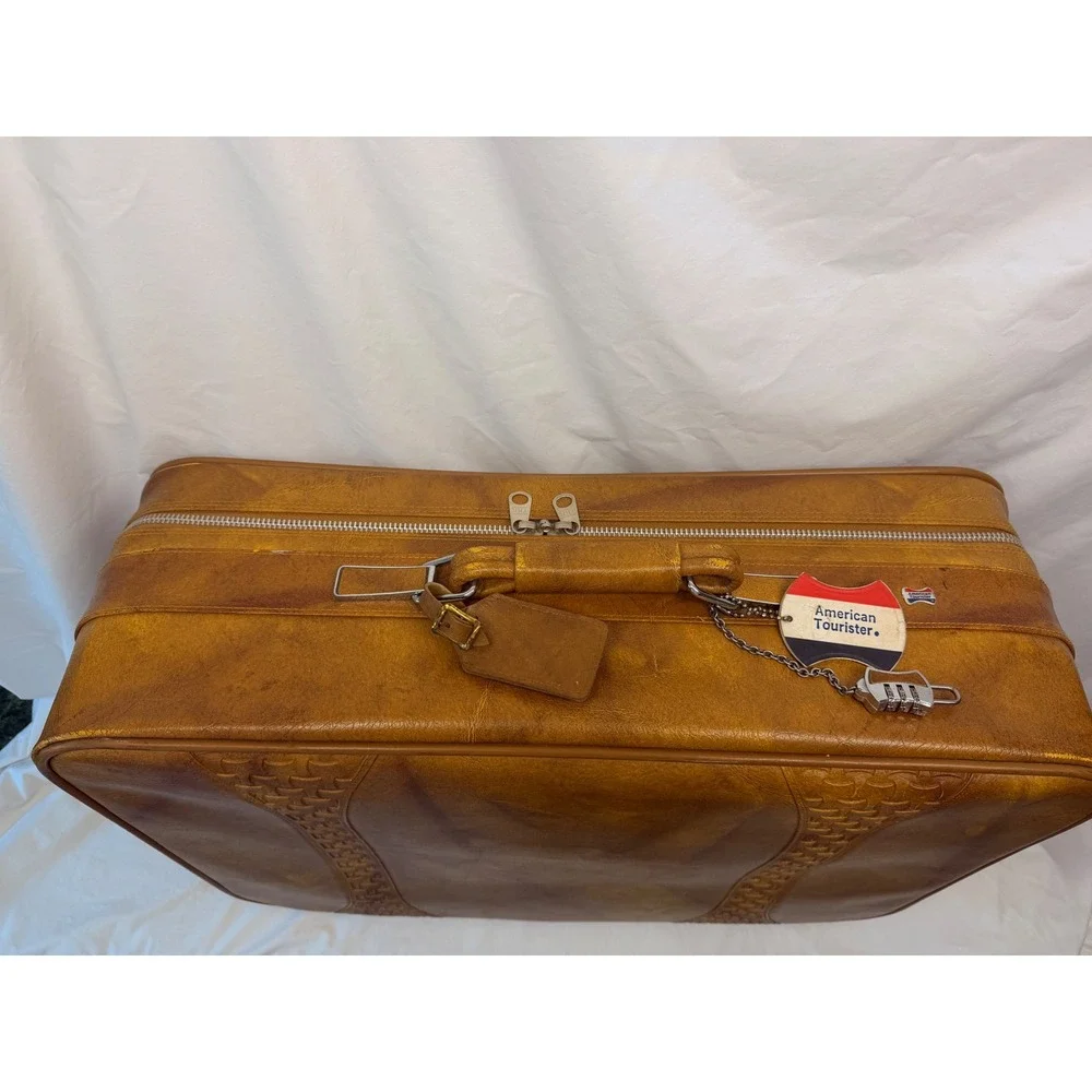 Vintage 1978 American Tourister Tan Faux Leather Suitcase Embossed Basketweave